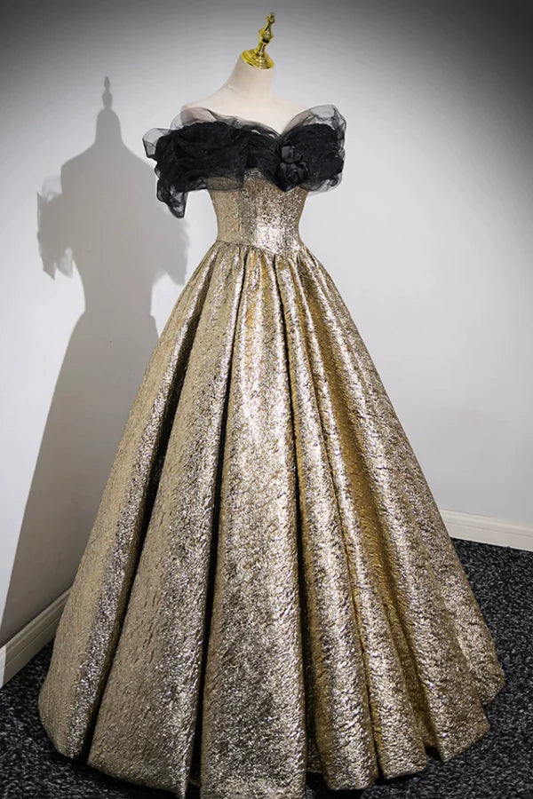 Wholesale Sparkly Black and Gold Glitter Prom Dresses Ball Gown Off the Shoulder Evening Party Dress